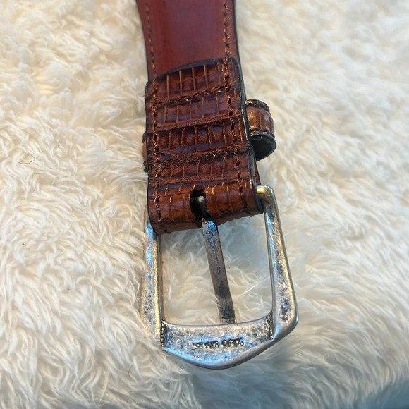 Vintage Brown Belt Sz 34 Fishtail Braided Fullgrain Leather Reptile Brass Buckle - Picture 16 of 16